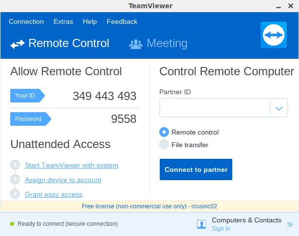TeamViewer remote access window. Ask the translator to run TeamViewer on the computer and provide you the ID and password